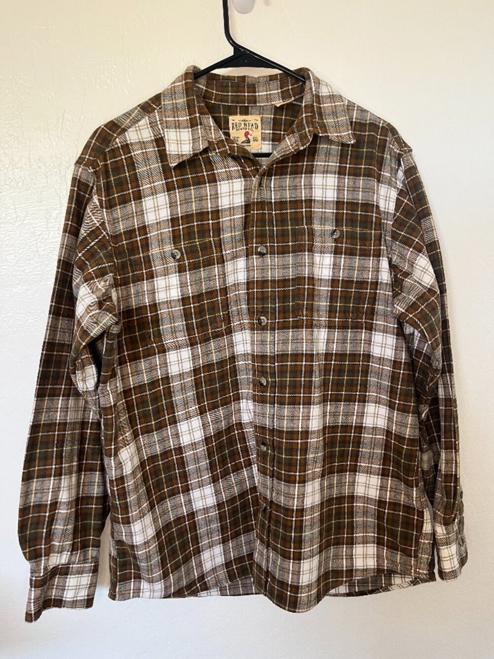 RedHead Men’s Large Brown White Plaid Flannel Button Down Shirt